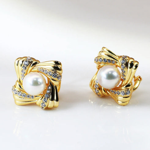 Twisting Square Zirconia Pearl Gold Stud Earrings – Vintage Luxury